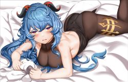 Rule 34 | 1girl, ahoge, ass, bare shoulders, bed sheet, black leotard, blue hair, blush, bodysuit, breasts, chiyo goya, commentary, english commentary, ganyu (genshin impact), genshin impact, goat horns, highres, horns, leotard, long hair, looking at viewer, lying, medium breasts, on bed, on stomach, purple eyes, sheet grab, sidelocks, solo, thighs