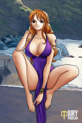 Rule 34 | 1girl, alternate costume, ass, bare legs, barefoot, breasts, curvy, dress, huge ass, iury padilha, long hair, nami (one piece), nami (one piece) (post-timeskip), nami (one piece) (zou), official alternate costume, one piece, purple dress, revealing clothes, short dress, sitting, smile, solo, very long hair, wide hips
