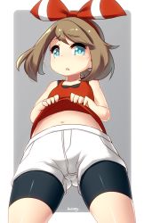 Rule 34 | 10s, 1girl, bike shorts, blue eyes, blueberry (5959), blush, brown hair, creatures (company), female focus, from below, game freak, hair ribbon, highres, may (pokemon), may (pokemon oras), navel, nintendo, open mouth, pantyhose, pantyhose under shorts, pokemon, pokemon oras, ribbon, shirt, short hair, shorts, simple background, sleeveless, sleeveless shirt, solo, two side up