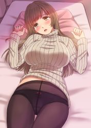 Rule 34 | 1girl, black panties, blush, breasts, brown eyes, brown hair, crotch seam, honoji, large breasts, looking at viewer, lying, on back, original, panties, panties under pantyhose, pantyhose, pillow, ribbed sweater, solo, striped clothes, striped sweater, sweater, thigh gap, underwear