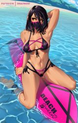 Rule 34 | 1girl, barefoot, beach, bikini, black hair, breasts, cleavage, colored skin, commentary, commission, day, demon girl, dr altruist, english text, horizon, looking at viewer, mask, medium breasts, mileena (mortal kombat), mortal kombat (series), mouth mask, navel, ocean, orange skin, outdoors, solo, summer, surfboard, swimsuit, wet, yellow eyes