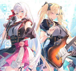 Rule 34 | 2girls, blonde hair, blue eyes, electric guitar, fender stratocaster, guitar, hair ornament, instrument, microphone, multiple girls, official art, one eye closed, open mouth, regina mercedes, riselia ray crystalia, seiken gakuin no maken tsukai, twintails, white hair