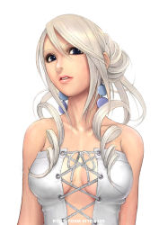 Rule 34 | 1girl, bare shoulders, blue eyes, breasts, cleavage, curly hair, earrings, jewelry, lace-up, laces, lips, original, pinup (portrait), ryu (ryu&#039;s form site), solo, upper body, white hair