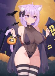 1girl absurdres animal_ear_fluff animal_ears bat_(animal) bat_tattoo bikini black_bikini black_leotard black_thighhighs breasts castle cat_ears cat_girl cat_tail cowboy_shot full_moon gabai halloween highres hololive horizontal-striped_thighhighs large_breasts leotard moon nekomata_okayu pubic_tattoo pumpkin purple_eyes purple_hair purple_tail see-through_clothes see-through_leotard solo swimsuit tail tattoo thighhighs two-tone_thighhighs virtual_youtuber white_thighhighs zombie_(vocaloid)