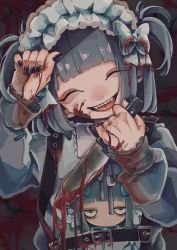 Rule 34 | 1girl, :d, backpack, bag, blood, bow, closed eyes, crazy, facing viewer, fangs, grey bow, hair bow, hairband, hands up, highres, holding, holding weapon, knife, long sleeves, nail polish, open mouth, original, smile, teeth, tira 27, tongue, twintails, upper teeth only, weapon
