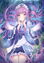 Rule 34 | 1girl, apron, blue hair, blue kimono, blue nails, blue ribbon, blush, bow, commentary request, cowboy shot, frilled apron, frills, hair ribbon, hands on own cheeks, hands on own face, highres, hololive, japanese clothes, kimono, long hair, long sleeves, looking at viewer, maid headdress, minato aqua, minato aqua (new year), multicolored hair, nail polish, obi, parted lips, purple eyes, purple hair, ribbon, sash, solo, topia, two-tone hair, underwater, very long hair, virtual youtuber, white bow