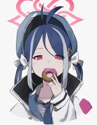 Rule 34 | 1girl, absurdres, antenna hair, blue archive, blue hair, blue hat, blue necktie, collared shirt, doughnut, food, fubuki (blue archive), grey hair, halo, haramaki (haranomaki), hat, highres, long hair, long sleeves, looking at viewer, multicolored hair, necktie, pink halo, red eyes, shirt, simple background, solo, twintails, upper body, white background, white shirt