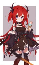 Rule 34 | 1girl, aged down, arknights, armband, black bag, black collar, black dress, black jacket, black thighhighs, blush, border, breasts, cleavage, collar, demon horns, detached collar, dress, feet out of frame, food, grey background, hair between eyes, highres, holding, holding food, holding ice cream, holding sword, holding weapon, horns, ice cream, ice cream cone, id card, infection monitor (arknights), jacket, long hair, long sleeves, looking at viewer, nano mochi, off shoulder, open clothes, open jacket, outside border, pouch, purple eyes, red hair, rhodes island logo (arknights), simple background, sleeveless, sleeveless dress, small breasts, solo, standing, surtr (arknights), sword, thighhighs, v-shaped eyebrows, very long hair, weapon, white border