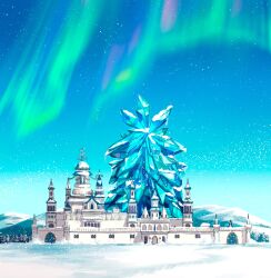 Rule 34 | absurdres, aurora, blue sky, castle, crystal, fantasy, highres, milly (illst), mountain, no humans, original, oversized object, scenery, sky, snow, snowing, tree