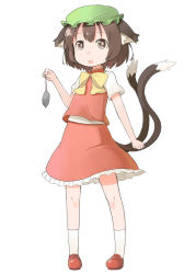 Rule 34 | 1girl, animal ears, bow, bowtie, brown hair, cat ears, cat girl, cat tail, chen, female focus, hat, holding, mouse (animal), multiple tails, nakashino setsu, short hair, simple background, skirt, skirt set, solo, standing, tail, touhou, white background