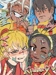 Rule 34 | 2boys, 2girls, :d, ^ ^, bandaid, bandaid on face, bandaid on hand, beard, black eyes, black hair, blonde hair, blue background, blush, capcom, character name, closed eyes, dancho no mori, dark-skinned female, dark skin, closed eyes, facial hair, final fight, final fight 2, fingerless gloves, genryuusai maki, gloves, guy (final fight), hair between eyes, headband, heart hands failure, highres, kimberly jackson, looking at viewer, multiple boys, multiple girls, one eye closed, open mouth, parted lips, portrait, puckered lips, smile, sticker on face, street fighter, street fighter 6, street fighter v, sweat, teeth, thumbs up, white hair, zeku