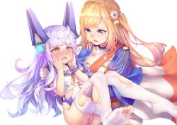 Rule 34 | 2girls, ass, bad id, bad pixiv id, blonde hair, blue jacket, blush, braid, breasts, carrying, collarbone, commentary request, crown braid, feet, gloves, hair ornament, hands on own face, headgear, highres, jacket, large breasts, le fantasque (warship girls r), long hair, long sleeves, military jacket, multiple girls, no shoes, nose blush, one side up, open mouth, orange neckwear, princess carry, purple eyes, purple sailor collar, ray (pixiv9514208), red eyes, richelieu (warship girls r), sailor collar, school uniform, serafuku, shirt, short sleeves, silver hair, simple background, soles, swimsuit, swimsuit under clothes, thighhighs, toes, torn clothes, torn legwear, torn shirt, torn swimsuit, transparent background, very long hair, warship girls r, white background, white gloves, white legwear, white shirt, wrist cuffs