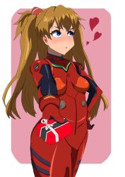 Rule 34 | 1girl, absurdres, artist request, blue eyes, blush, bodysuit, breasts, brown hair, embarrassed, gift, hair between eyes, hand on own hip, heart, highres, holding, holding gift, interface headset, long hair, looking back, medium breasts, neon genesis evangelion, pilot suit, plugsuit, red bodysuit, red headwear, shiny clothes, simple background, solo, souryuu asuka langley, standing, two side up, valentine, very long hair