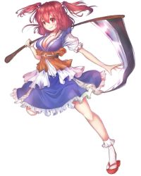 Rule 34 | 1girl, absurdres, blue dress, blush, bobby socks, breasts, brown sash, cleavage, collarbone, commentary, dress, full body, gumsadan, hair between eyes, hair bobbles, hair ornament, highres, holding, holding scythe, holding weapon, large breasts, obi, onozuka komachi, petticoat, puffy short sleeves, puffy sleeves, red eyes, red footwear, red hair, sandals, sash, scythe, shirt, short dress, short hair, short sleeves, simple background, smile, socks, solo, touhou, two side up, weapon, white background, white shirt, white socks