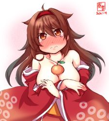 Rule 34 | 1girl, alternate costume, artist logo, bare shoulders, blush, breasts, brown eyes, brown hair, cleavage, commentary request, dated, food, fruit, hair flaps, hairband, highres, japanese clothes, kagami mochi, kanon (kurogane knights), kantai collection, kimono, large breasts, long hair, mandarin orange, nose blush, orange (fruit), red hairband, red kimono, shiratsuyu (kancolle), simple background, solo, upper body, white background