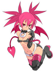 Rule 34 | 1girl, :o, alternate breast size, bandeau, bat wings, belt, boots, breasts, cleavage, demon girl, disgaea, earrings, elbow gloves, etna (disgaea), gloves, highres, jewelry, makai senki disgaea, nac000, navel, pointy ears, red eyes, red hair, shiny skin, skindentation, skirt, small breasts, solo, tail, thigh boots, thighhighs, twintails, wings