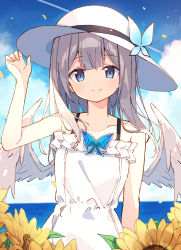 Rule 34 | 1girl, absurdres, adjusting clothes, adjusting headwear, angel, angel wings, bare arms, blue hair, brooch, butterfly brooch, closed mouth, cowboy shot, dress, feathered wings, flower, frilled dress, frills, hat, highres, jewelry, light blush, long hair, ocean, original, silver hair, sleeveless, sleeveless dress, smile, solo, summe, summer, sun hat, sundress, sunflower, white dress, white hat, white wings, wings, zoirun