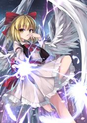 Rule 34 | 1girl, absurdres, arm garter, barefoot, blonde hair, bow, bowtie, dress, electricity, feathered wings, feathers, fingernails, frilled dress, frills, gengetsu (touhou), hair bow, highres, iwashi (nisankatanso), long fingernails, long sleeves, looking at viewer, nail polish, outstretched arm, red bow, red nails, revision, rock, short hair, solo, touhou, touhou (pc-98), white wings, wings, yellow eyes