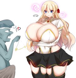 Rule 34 | 1boy, 1girl, absurdres, aria (kishi), blonde hair, blue eyes, breast hold, breasts, cleavage, curvy, goblin, goblin male, highres, huge breasts, kishi, long hair, standing, thick thighs, thighs, wide hips