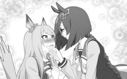 Rule 34 | 2girls, animal ears, blush, bow, bowtie, braid, braided ponytail, clenched hands, ear bow, eye contact, food, food on face, glasses, greyscale, hands up, horse ears, horse girl, horse tail, ikuno dictus (umamusume), long hair, long sleeves, looking at another, mejiro mcqueen (umamusume), monochrome, multiple girls, nose blush, open mouth, parted lips, round eyewear, sailor collar, school uniform, stiff tail, tail, tracen school uniform, umamusume, upper body, wakoudo, wiping face, yuri