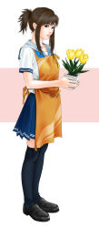 Rule 34 | 1girl, apron, blue thighhighs, brown eyes, brown hair, field, flower, flower field, from side, full body, highres, holding, legs together, lips, loafers, long image, na-arai, original, parted lips, plant, pleated skirt, ponytail, potted plant, school uniform, serafuku, shoes, short ponytail, short sleeves, sidelocks, simple background, skirt, solo, standing, tall image, thighhighs, tulip, zettai ryouiki
