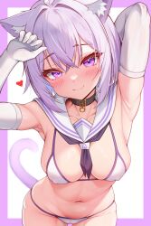 Rule 34 | 1girl, absurdres, ahoge, amaki daisuke, animal ear fluff, animal ears, armpits, bikini, black collar, blush, breasts, cat ears, cat girl, cat tail, cleavage, closed mouth, collar, collarbone, crossed bangs, elbow gloves, fang, gloves, hair between eyes, highres, hololive, large breasts, looking at viewer, navel, nekomata okayu, purple eyes, purple hair, short hair, skin fang, smile, solo, swimsuit, tail, thighs, virtual youtuber, white bikini, white gloves