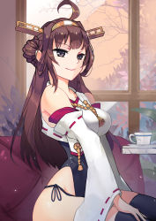 Rule 34 | 10s, 1girl, adapted costume, ahoge, bare shoulders, black legwear, breasts, brown hair, couch, cowboy shot, crop top, cup, detached sleeves, double bun, female focus, from side, groin, hair bun, hairband, hand on own thigh, headgear, highleg, highleg leotard, highres, indoors, japanese clothes, kantai collection, kongou (kancolle), large breasts, leaf, leotard, light smile, long hair, looking at viewer, nontraditional miko, panties, purple eyes, ribbon-trimmed sleeves, ribbon trim, saucer, side-tie bottom, side-tie panties, sitting, smile, solo, table, tassel, teacup, tree, tsubasa19900920, underwear, wide sleeves, window