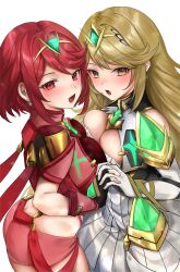 Rule 34 | 2girls, absurdres, asada sadao, blonde hair, blush, breast press, breasts, butt crack, chest jewel, earrings, fingerless gloves, gloves, headpiece, highres, holding hands, interlocked fingers, jewelry, large breasts, long hair, looking at viewer, multiple girls, mythra (xenoblade), pyra (xenoblade), red eyes, red hair, short hair, shorts, swept bangs, symmetrical docking, tiara, very long hair, xenoblade chronicles (series), xenoblade chronicles 2, yellow eyes
