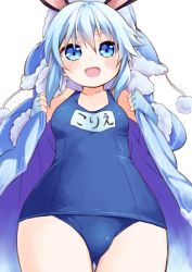 Rule 34 | 10s, 1girl, animal ears, blue eyes, blue hair, blush, rabbit ears, clothes writing, coat, fingerless gloves, gloves, highres, corriente (show by rock!!), long hair, looking at viewer, matching hair/eyes, name tag, one-piece swimsuit, open clothes, open coat, open mouth, school swimsuit, show by rock!!, smile, solo, swimsuit, swimsuit under clothes, takano natsuki