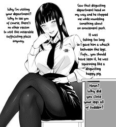 Rule 34 | 1girl, alternate costume, blunt bangs, blush, collared shirt, commentary, contemporary, crossed legs, english commentary, english text, final fantasy, final fantasy xiv, fishnet pantyhose, fishnets, grin, jamjamstyle, lips, long hair, long sleeves, looking at viewer, mole, mole under mouth, monochrome, necktie, office lady, pantyhose, parted lips, seductive smile, shirt, sidelocks, sitting, skirt, smile, solo, straight hair, table, thighs, yotsuyu goe brutus