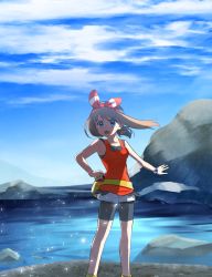 Rule 34 | 1girl, bad id, bad pixiv id, bike shorts, black shorts, blue sky, bow, brown hair, cloud, creatures (company), day, floating hair, game freak, hair bow, hairband, highres, holding, holding poke ball, long hair, may (pokemon), nintendo, outdoors, outstretched arm, poke ball, pokemon, pokemon oras, red hairband, shirt, short shorts, shorts, shorts under shorts, sky, sleeveless, sleeveless shirt, solo, standing, striped, striped bow, white shirt, white shorts, wristband, yuihico