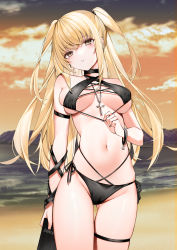 Rule 34 | 1girl, absurdres, amane misa, arm at side, bare shoulders, beach, bikini, black bikini, black choker, black nails, blonde hair, blush, book, breasts, brown eyes, choker, cloud, cowboy shot, criss-cross halter, cross, cross-laced clothes, cross necklace, death note, death note (object), earrings, gluteal fold, halterneck, highres, holding, holding book, jewelry, large breasts, long hair, looking at viewer, multi-strapped bikini, nail polish, navel, necklace, ocean, orange sky, parted lips, sand, side-tie bikini bottom, skindentation, sky, solo, stomach, strap pull, string bikini, sunset, swimsuit, thigh strap, thighs, two side up, underboob, wristband, yukineko1018