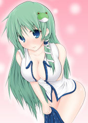 Rule 34 | 1girl, blue eyes, blush, breasts, cleavage, clothes pull, ebi senbei, female focus, frog, frown, green hair, hair ornament, hanging breasts, highres, kochiya sanae, large breasts, long hair, skirt, skirt pull, snake, solo, touhou, undressing