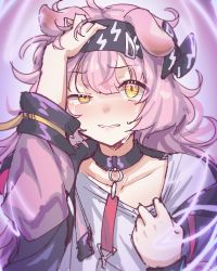 Rule 34 | 1girl, animal ears, arknights, black bow, black choker, black hairband, black jacket, blush, bow, cat ears, choker, clenched teeth, collarbone, crying, crying with eyes open, electricity, goldenglow (arknights), grey shirt, hair bow, hairband, hand on own head, highres, jacket, lightning bolt print, long hair, long sleeves, looking at viewer, open clothes, open jacket, parted lips, pink hair, sher (imnotsher), shirt, solo, tears, teeth, upper body, yellow eyes