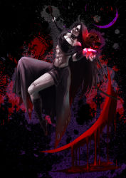 Rule 34 | 1boy, abs, abstract background, arc system works, bags under eyes, bandeau, black footwear, black hair, black skirt, blood, boots, cam (camtter12), choker, cross, dark, dark background, detached sleeves, expressionless, floating, full body, guilty gear, hemokinesis, holding, holding weapon, knee boots, long hair, long skirt, looking at viewer, male focus, midriff, outstretched arms, pale skin, polearm, red eyes, scythe, side slit, skirt, skull, solo, testament (guilty gear), very long hair, weapon