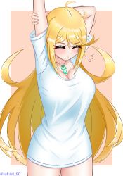 Rule 34 | 1girl, blonde hair, breasts, chest jewel, closed eyes, highres, large breasts, long hair, long shirt, lukari, mythra (xenoblade), oversized clothes, shirt, solo, swept bangs, t-shirt, very long hair, white shirt, xenoblade chronicles (series), xenoblade chronicles 2