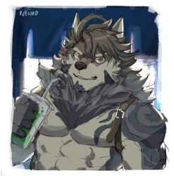 Rule 34 | 1boy, animal ears, arm belt, backpack, bag, bara, bare pectorals, belt buckle, brown hair, buckle, cup, disposable cup, facial hair, furry, furry male, goatee, hair between eyes, highres, looking at viewer, male focus, mature male, muscular, muscular male, neck fur, neumo, pectorals, short hair, sketch, smile, solo, temujin (housamo), thick eyebrows, tokyo houkago summoners, tusks, upper body, wolf boy, wolf ears