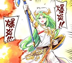 Rule 34 | 1girl, arm up, armpits, bare shoulders, commentary request, cowboy shot, dress, fire, gameplay mechanics, green eyes, green hair, highres, holding, holding staff, ishiyumi, jewelry, kid icarus, kid icarus uprising, long hair, nintendo, open mouth, palutena, shield, solo, staff, strapless, strapless dress, super smash bros., sweat, thighhighs, tiara, translated, very long hair, white dress, white thighhighs