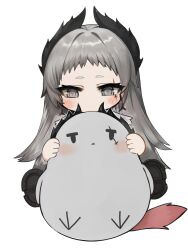 Rule 34 | 1girl, animal, animalization, arknights, bird, black footwear, blush, chibi, closed mouth, commentary request, dokomon, full body, grey eyes, grey hair, highres, irene (arknights), long hair, scar, scar across eye, shoe soles, shoes, short eyebrows, simple background, sitting, thick eyebrows, very long hair, white background