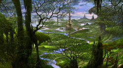 Rule 34 | castle, fantasy, highres, kazumasa uchio, landscape, nature, no humans, original, river, scenery, tower, tree, uchio kazumasa, water, wetland