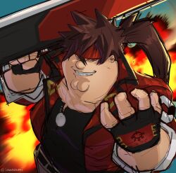 Rule 34 | 1boy, bandana, black gloves, black shirt, brown hair, cleft chin, cosplay, english text, family guy, fat, fat man, fingerless gloves, gloves, guilty gear, highres, holding, holding sword, holding weapon, jacket, kowai (iamkowai), looking at viewer, male focus, peter griffin, ponytail, red bandana, red eyes, red jacket, shirt, sol badguy, sol badguy (cosplay), solo, spiked hair, sword, weapon
