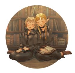 Rule 34 | 2girls, absurdres, belt, black robe, blonde hair, blush, book, braid, dungeon meshi, elf, falin touden, falin touden (tallman), highres, leaning on person, library, marcille donato, multiple girls, pointy ears, robe, shako (shaco flat), shoes, sleeping, twin braids