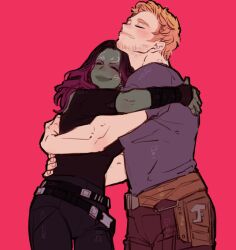 Rule 34 | 1boy, 1girl, beard, belt, blush, closed eyes, closed mouth, colored skin, dishing, facial hair, gamora, green skin, guardians of the galaxy, hug, marvel, marvel cinematic universe, peter quill, red background, red hair, simple background