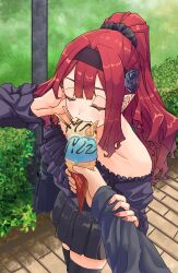 Rule 34 | 1boy, 1girl, bare shoulders, black thighhighs, blush, closed eyes, commentary request, eating, baobhan sith (fate), fate/grand order, fate (series), food, frills, hairband, highres, ice cream, long hair, niwaikanai, pleated skirt, pocky, pointy ears, ponytail, purple nails, red hair, skirt, thighhighs, zettai ryouiki