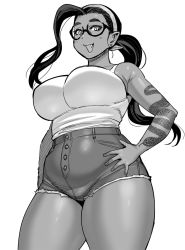 Rule 34 | 1girl, breasts, cleavage, curvy, dark-skinned female, dark skin, elf-san wa yaserarenai., fang, female focus, forehead, glasses, hairband, highres, huge breasts, long hair, looking at viewer, medesa, monochrome, nose, pointy ears, shirt, sketch, snake hair, solo, synecdoche, tattoo, thick eyebrows, thick thighs, thighs