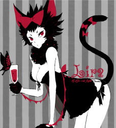 Rule 34 | alcohol, animal ears, bad id, bad pixiv id, bug, butterfly, cat ears, cat tail, gloves, insect, l hakase, red eyes, ribbon, solo, tail, wine