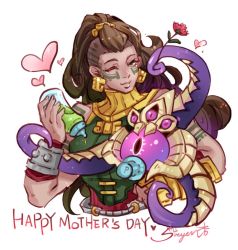 Rule 34 | 1girl, baby bottle, bare shoulders, bottle, brown hair, commentary, dark skin, earrings, facial tattoo, flower, green eyes, hair ornament, heart, hug, illaoi, jewelry, league of legends, long hair, mother&#039;s day, one eye closed, pacifier, pink eyes, shirt, signature, sleeveless, sleeveless shirt, sueyen, tattoo, tentacles, vel&#039;koz, wrist guards