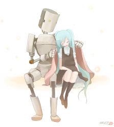 Rule 34 | black socks, blanket, dress, hatsune miku, invisible chair, kneehighs, leaning to the side, long hair, robot, sitting, sleepy, socks, song name, tansuke, twintails, very long hair, vocaloid, voice (vocaloid), white background