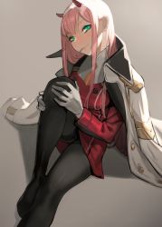 Rule 34 | 10s, 1girl, absurdres, aqua eyes, black pantyhose, blush, breasts, coat, darling in the franxx, gloves, highres, horns, long hair, looking at viewer, pantyhose, pink hair, school uniform, smile, solo, thighband pantyhose, white gloves, yomu (sgt epper), zero two (darling in the franxx)