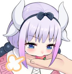 Rule 34 | 1girl, 1other, blue eyes, blunt bangs, commentary request, dragon horns, eating, food, fruit, giving, gradient hair, hair bobbles, hair ornament, hairband, horns, kanna kamui, kobayashi-san chi no maidragon, long hair, looking away, low twintails, multicolored hair, out of frame, purple hair, s (hdru2332), sidelocks, simple background, strawberry, twintails, white background